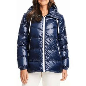 Kate Spade Women's NWT Blue Metallic Hooded Zip Front‎ Down Jacket Coat Large